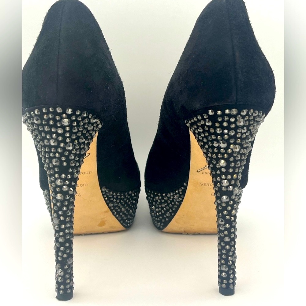 Brian Atwood - Black Suede Bea Crystal Studded Platform Pumps - Size 8.5 - Picture 5 of 9